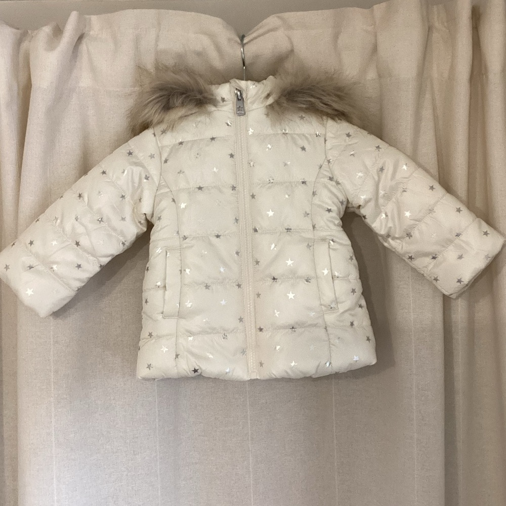12 Month, White Star Patterned Puffer Jacket with Fur Trim